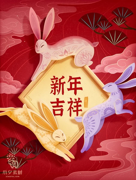2023兔年新年春节元旦除夕年货节兔子手绘插画海报Ai矢量设计素材【017】